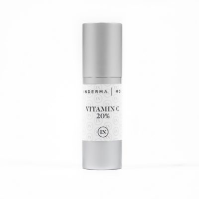 image of inderma vitamin c 20% serum in silver bottle with white background