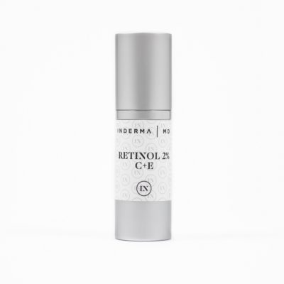 Inderma Retinol 2% C+E Photograph of a retinol serum bottle, featuring a minimalist design with the product label clearly visible. The container suggests a high-quality, sleek appearance. The serum is specifically formulated with retinol, a skincare ingredient known for its anti-aging properties. The image emphasizes the product's commitment to skin renewal and improvement, with a focus on addressing fine lines, wrinkles, and overall skin texture.