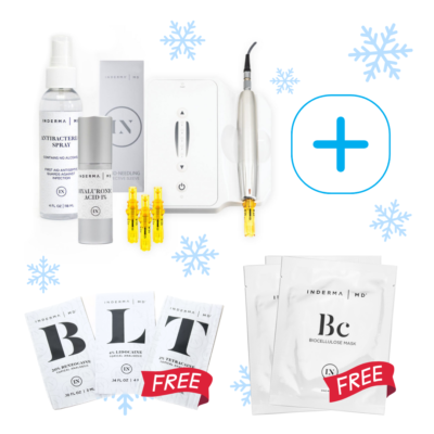 Dermapen Microneedling Device Holiday Deals. dermapen microneedling device and accesories arranged into holiday package deal